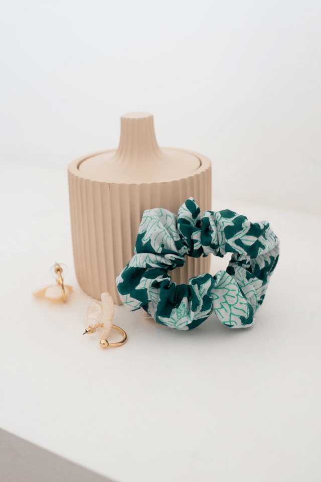 Chouchou scrunchie block print indien - bleu